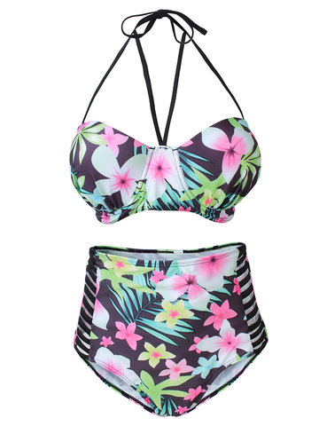 Sexy Hollow V Neck Floral Printing Bikini Sets High Waist Swimsuit For Women
