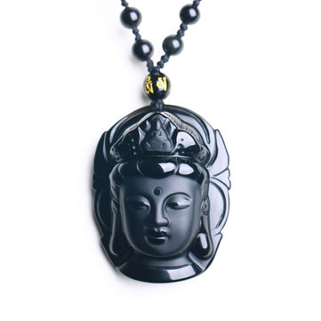Black Obsidian Carved Kwan-yin Pendant Necklace