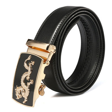 Men's Dragon Pattern Black Genuine Belt Automatic Buckle Waist Strap