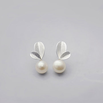 925 Sterling Silver Olive Leaves Pearl Earrings