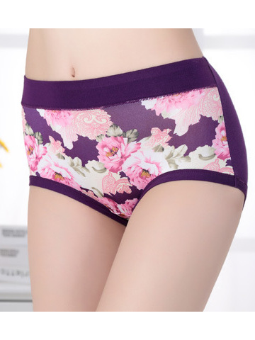 XL-3XL Women Milk Silk Collagen Peony Printing Panties Soft Mid Waist Briefs Underwear