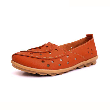 Leather Pure Color Hollow Out Breathable Soft Comfortable Flat Casual Shoes