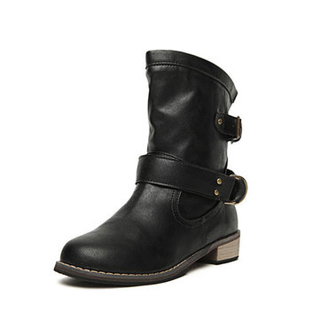 Pu Double Buckle Pure Color Low Heel Ankle Boots